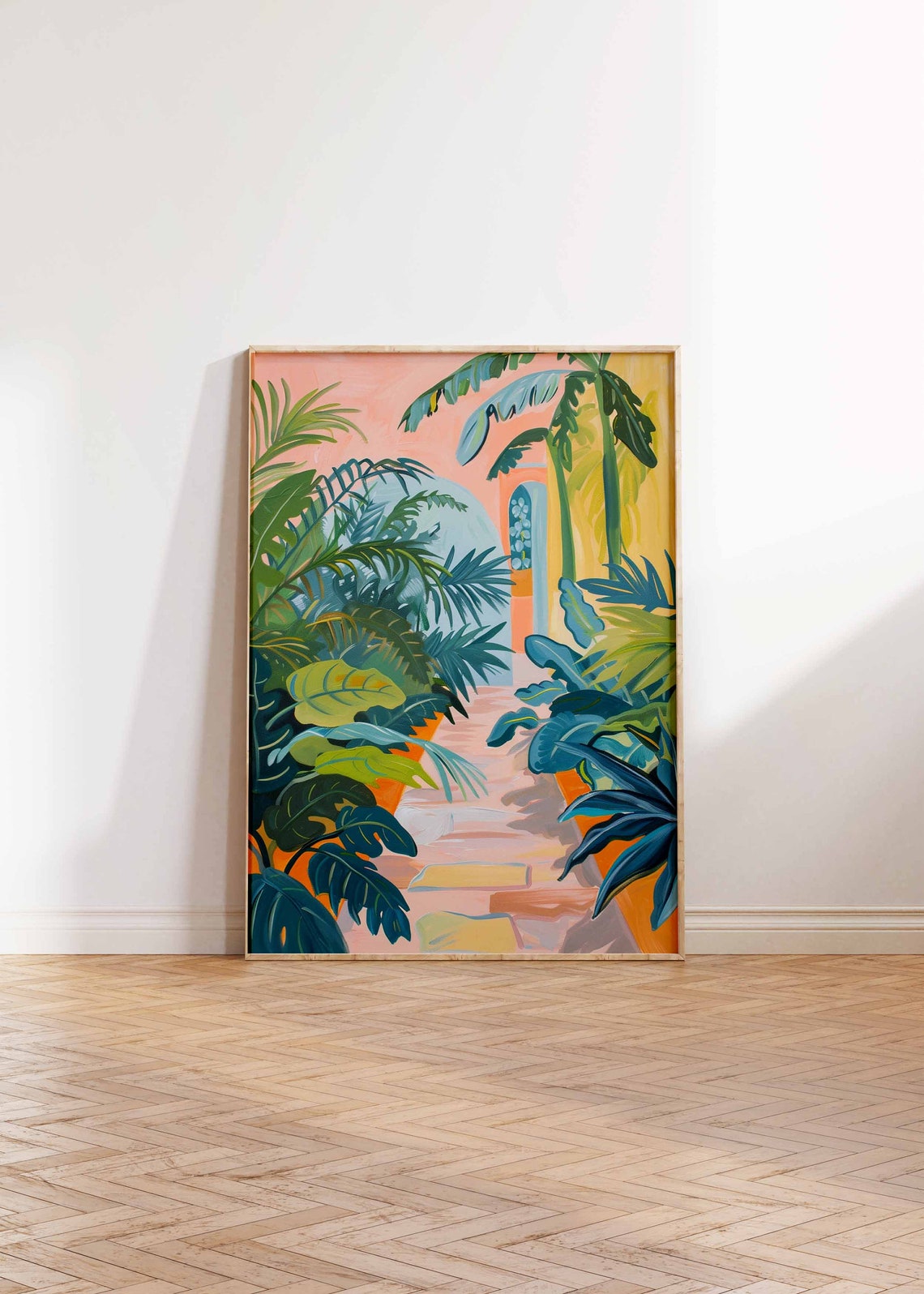 Tropical Garden Path Lush Foliage Peach Botanical Painted Art Print - Image 3