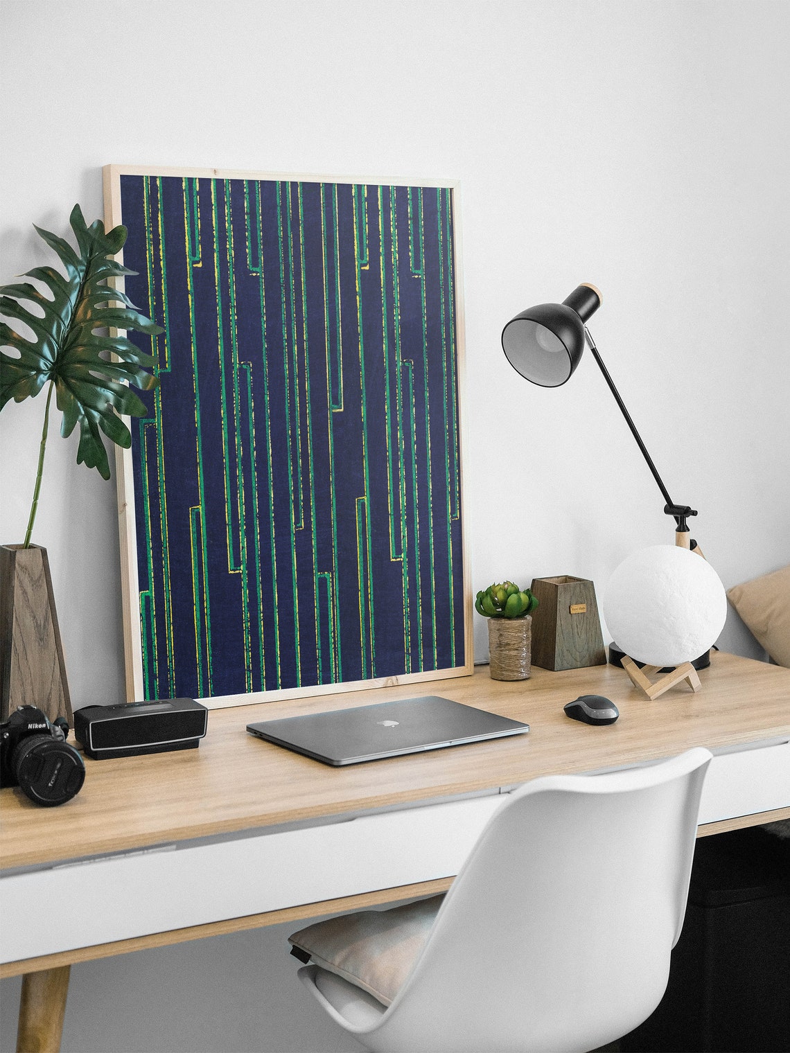 Dark Blue Abstract Lines Gold Green Textured Modern Wall Poster - Image 2