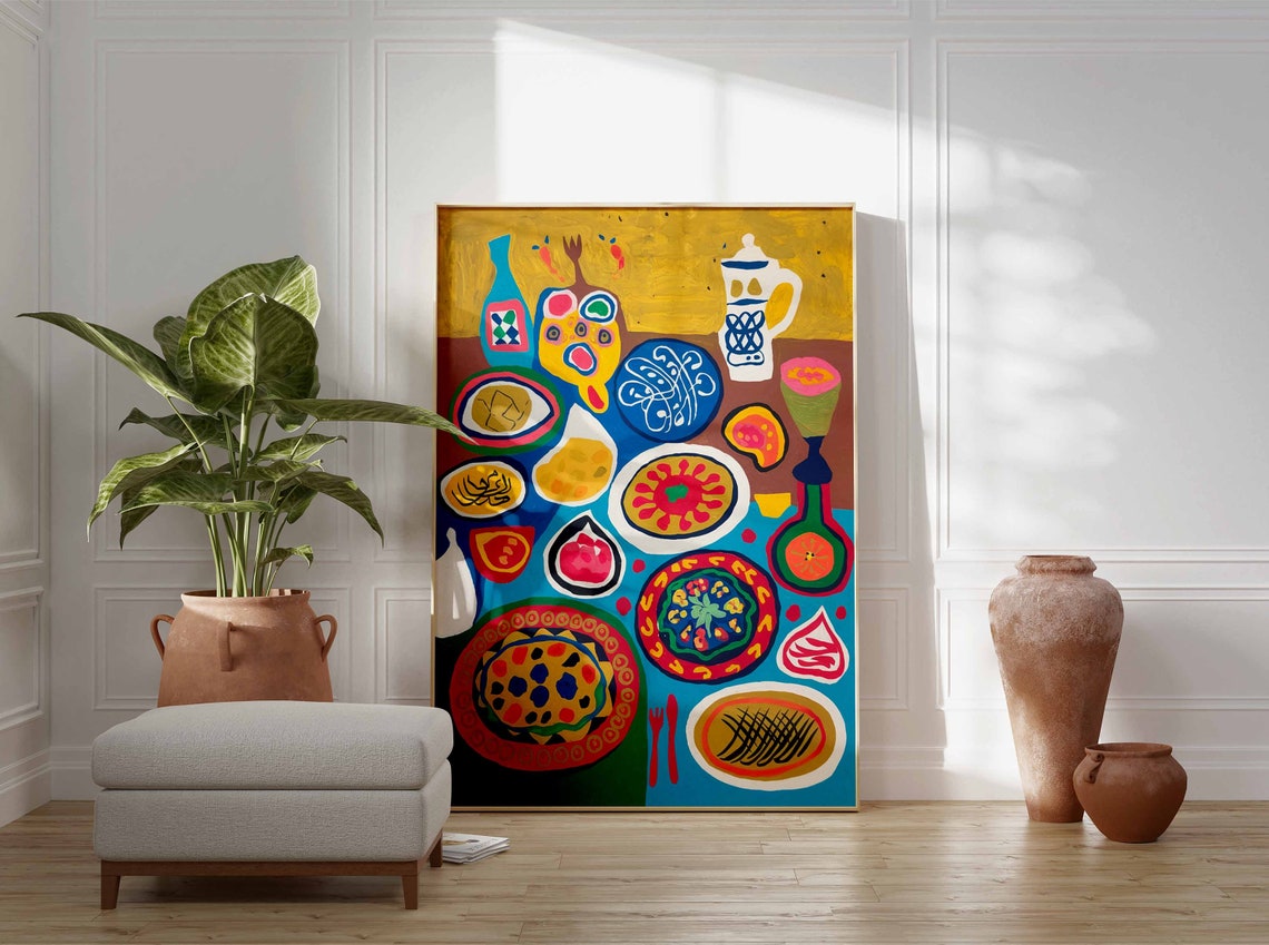 Mediterranean Feast Table Folk Art Patterned Plates Fish Poster - Image 3