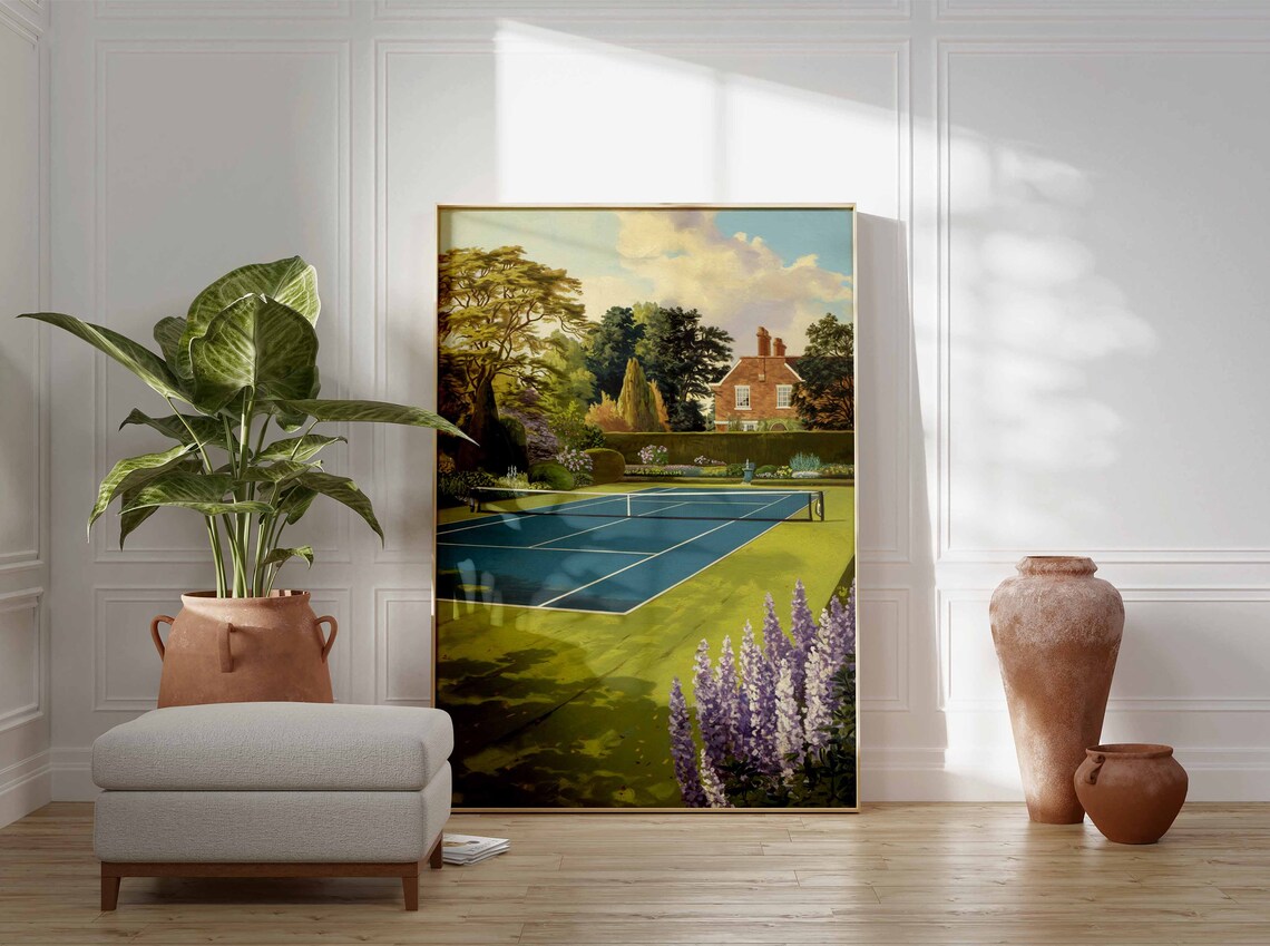 Classic Tennis Court Brick Manor Purple Lupines Garden Poster - Image 2