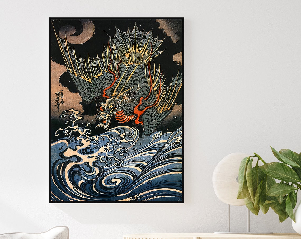 Japanese Dragon Storm Waves Vintage Woodblock Style Art Print - Image 2
