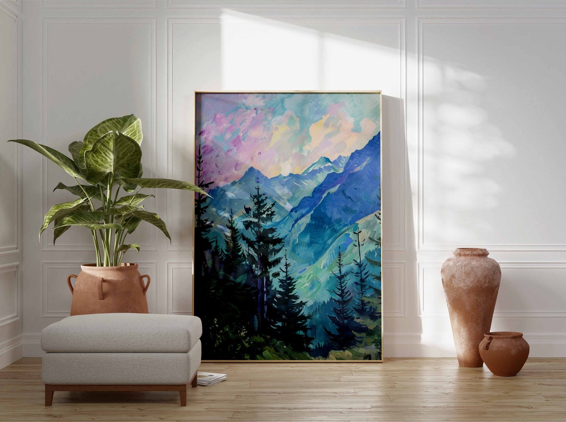 Pastel Purple Sky Alpine Mountains Pine Forest Serene Art Print - Image 3