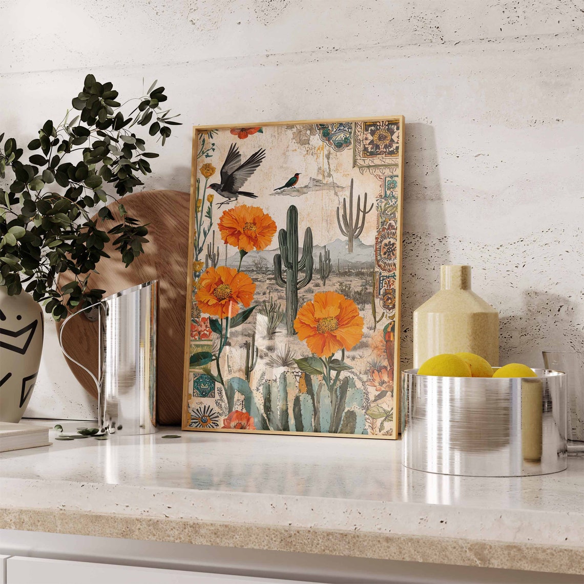 Desert Cactus Marigold Vintage Collage Southwest Botanical Wall Art - Image 2