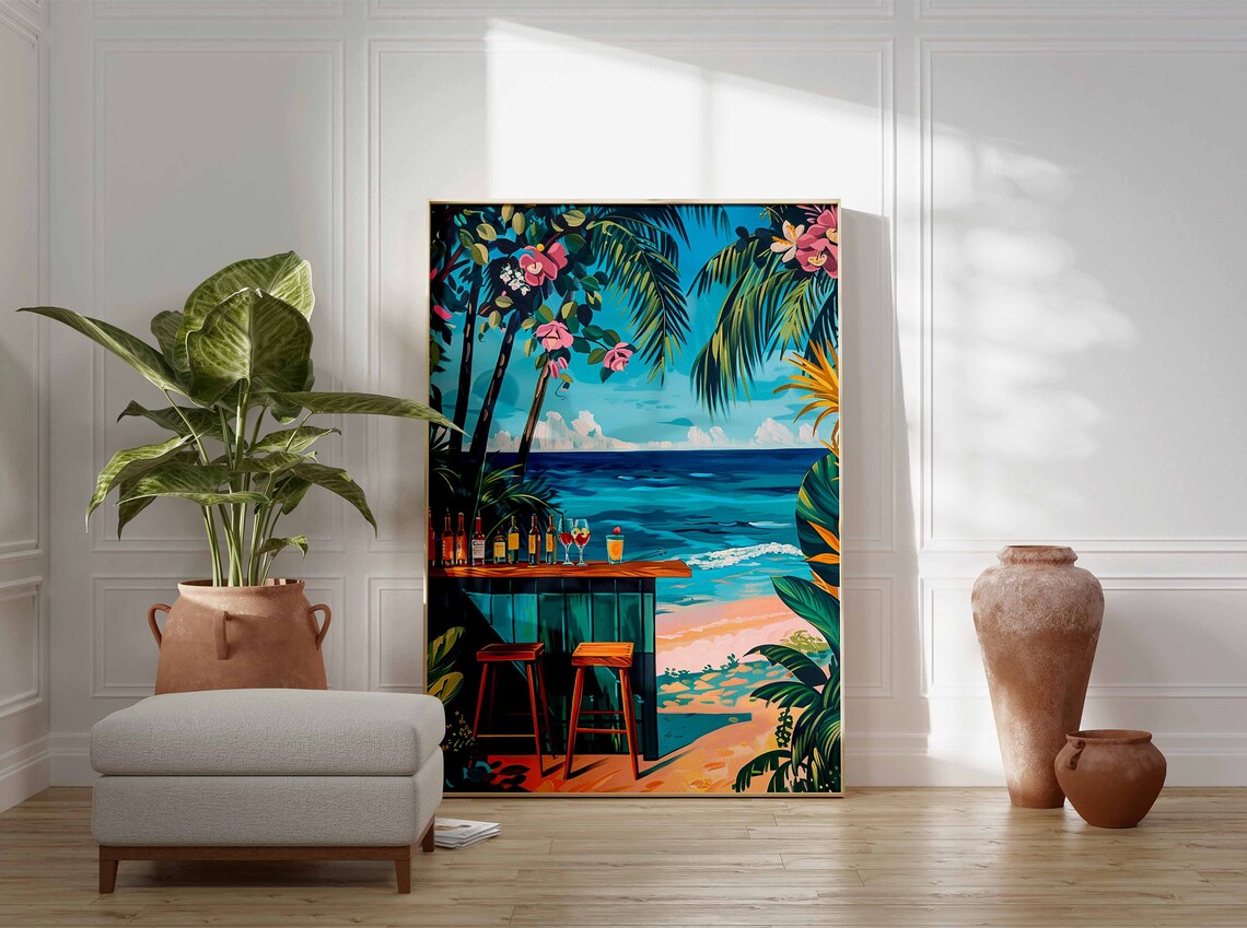 Tropical Tiki Beach Bar Hibiscus Flowers Wooden Counter Ocean View Poster - Image 3
