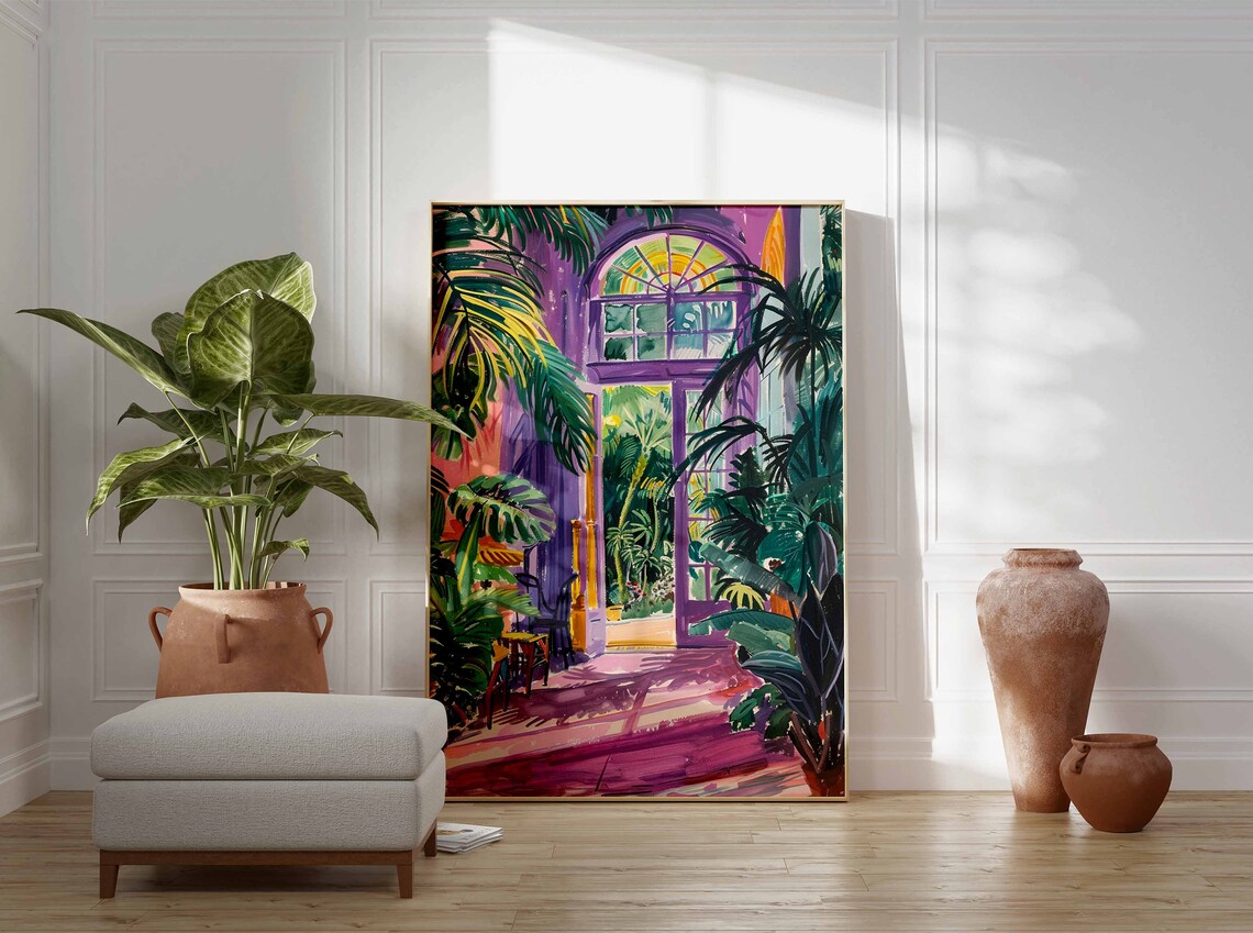 Tropical Greenhouse Conservatory Purple Arch Palm Painting Poster - Image 2