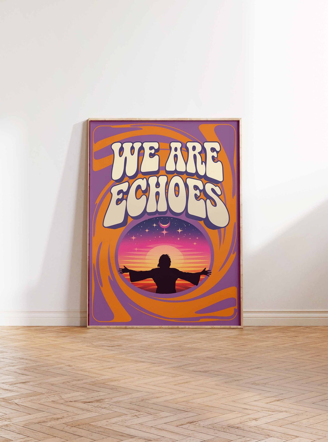 We Are Echoes Cosmic Sunset Silhouette Retro 70s Quote Poster - Image 2