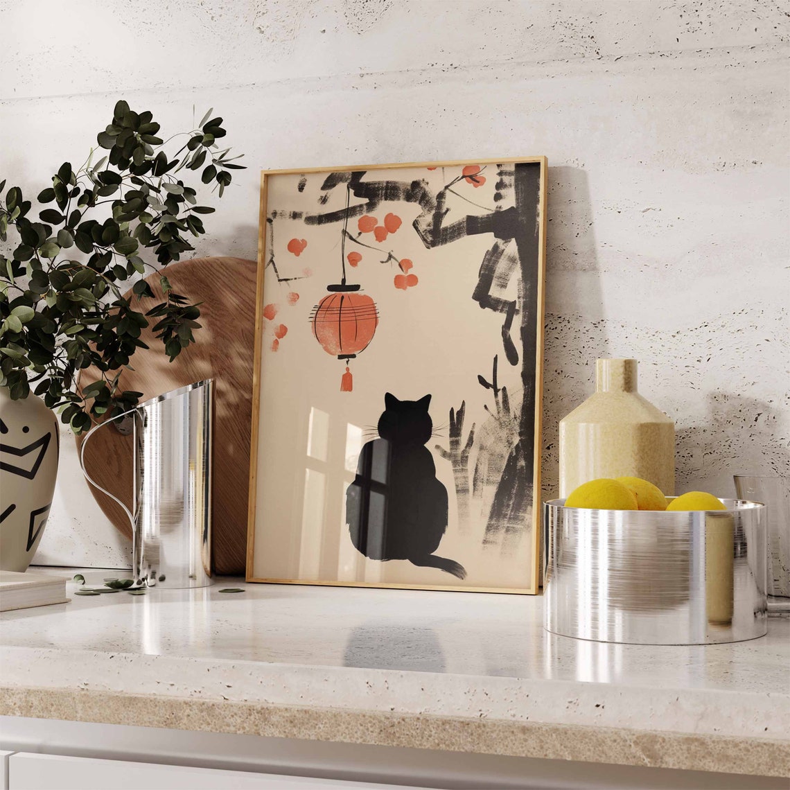 Japanese Black Cat Paper Lantern Blossom Branch Sumi E Poster - Image 3