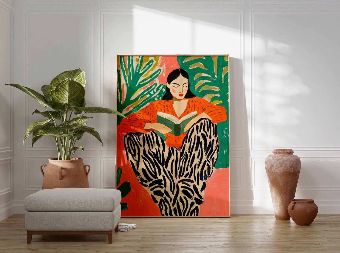 Woman Reading Green Book Orange Top Zebra Pants Tropical Poster - Image 2