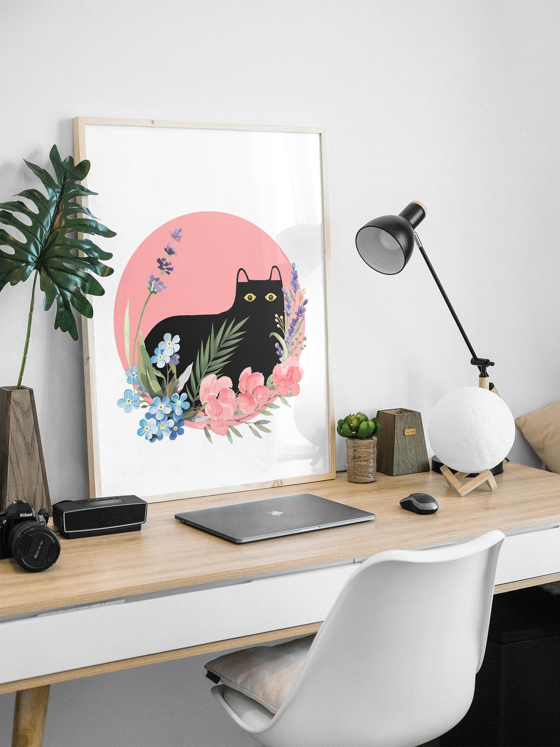 Black Cat Yellow Eyes Pink Floral Watercolor Botanical Poster - Image 2