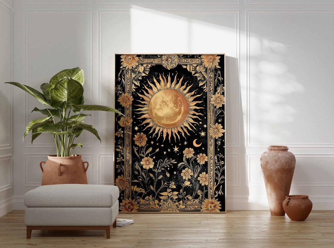 Sun And Moon Celestial Gold On Black Mystical Vintage Wall Poster - Image 3