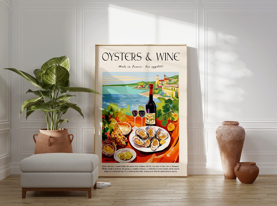 Seafood Oysters And Wine Vintage Kitchen Art Print - Image 2