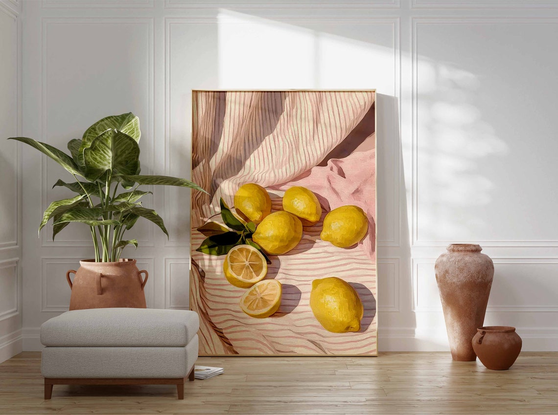 Bright Fresh Lemons on Pink Striped Cloth Still Life Art Poster - Image 3