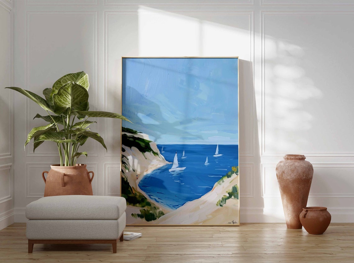 Sunny Cliffs and Sailboats Blue Coastal Seascape Painting Print - Image 3