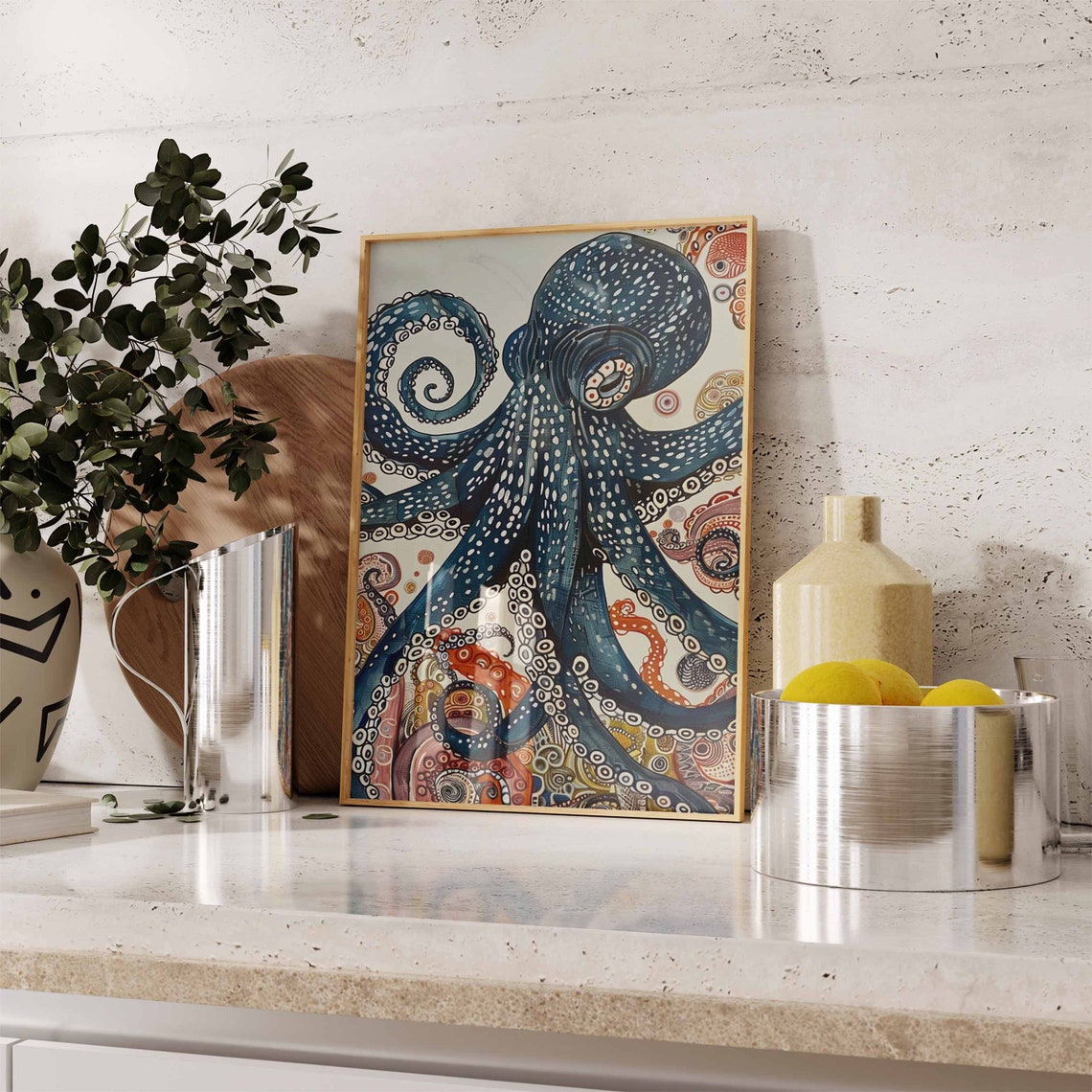 Large Blue Octopus Colorful Sea Life Pattern Beautiful Wall Art - Image 3