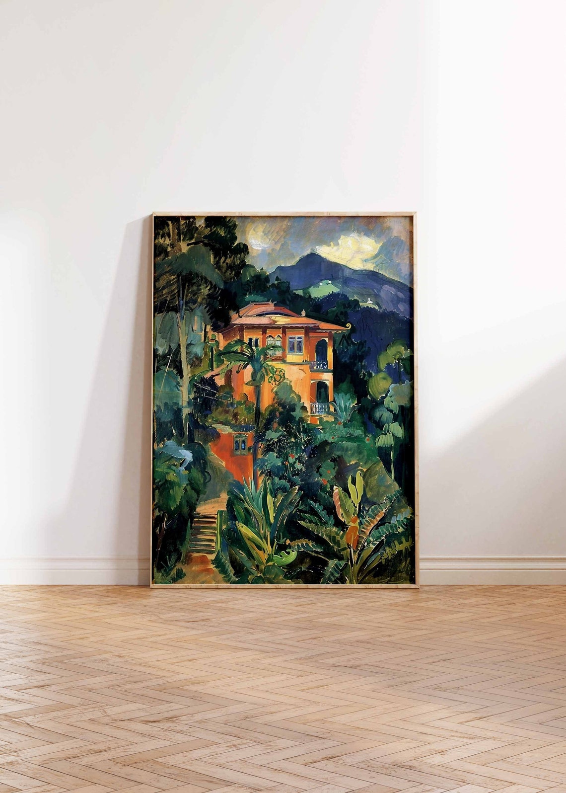 Moody Night Mountain Villa in Tropical Foliage Dark Landscape Poster - Image 2