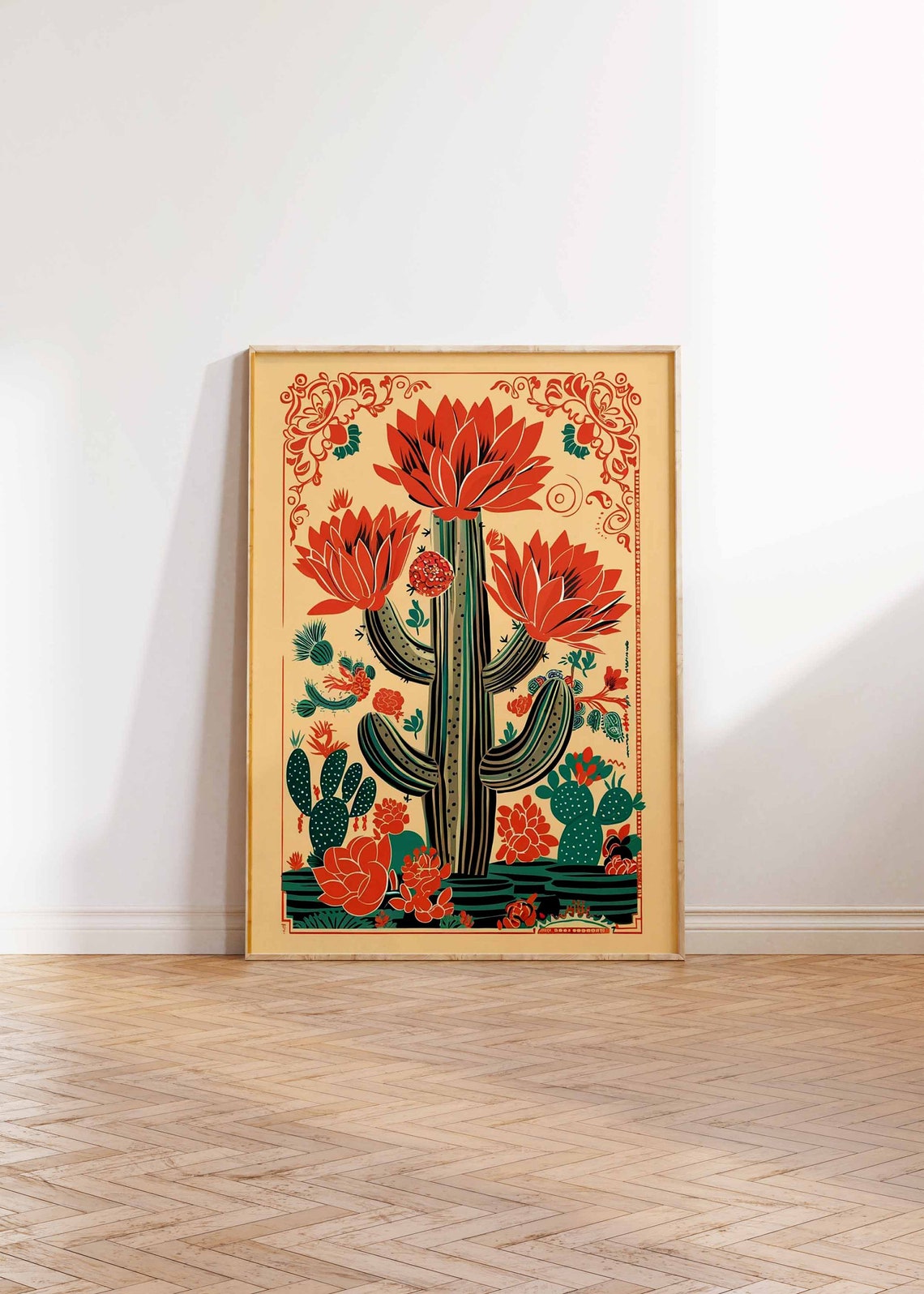 Vintage Mexican Cactus Bloom Folk Art Botanical Desert Poster - Image 3