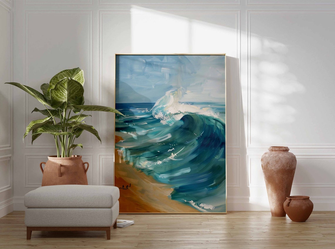 Breaking Ocean Wave Surfers Oil Painting Coastal Art Print Wall Decor - Image 3