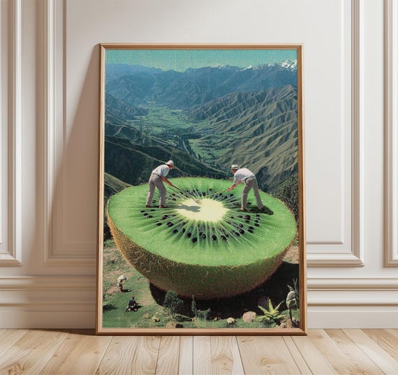 Surreal Kiwi Mountain Poster Retro Collage Wall Art Print Whimsical Nature Landscape Decor Modern Surrealism Artwork Creative Home