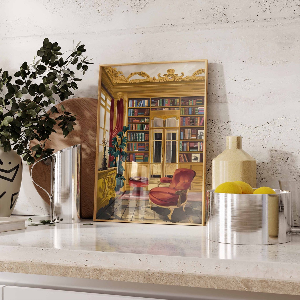 Ornate Library Poster with Red Armchair and Golden Bookshelves Art - Image 3
