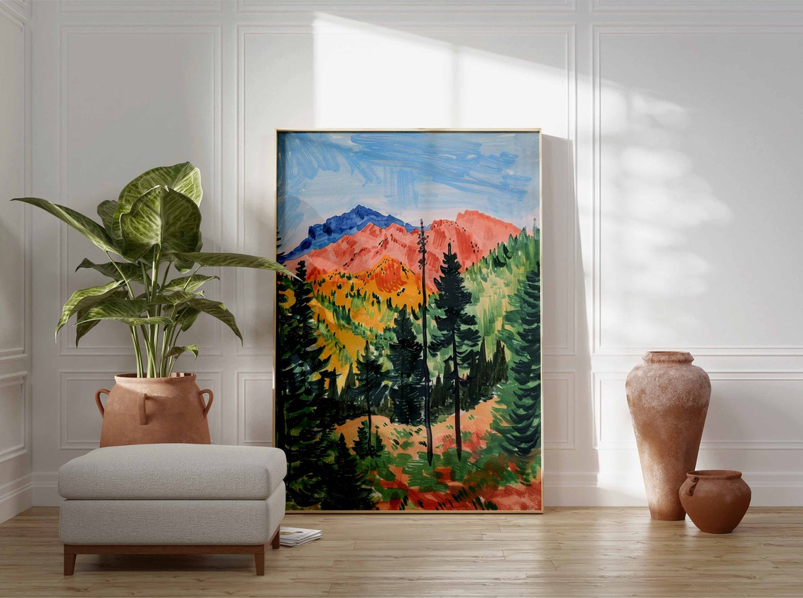 Fauvist Red Orange Mountains Pine Forest Vibrant Modern Art Print - Image 3