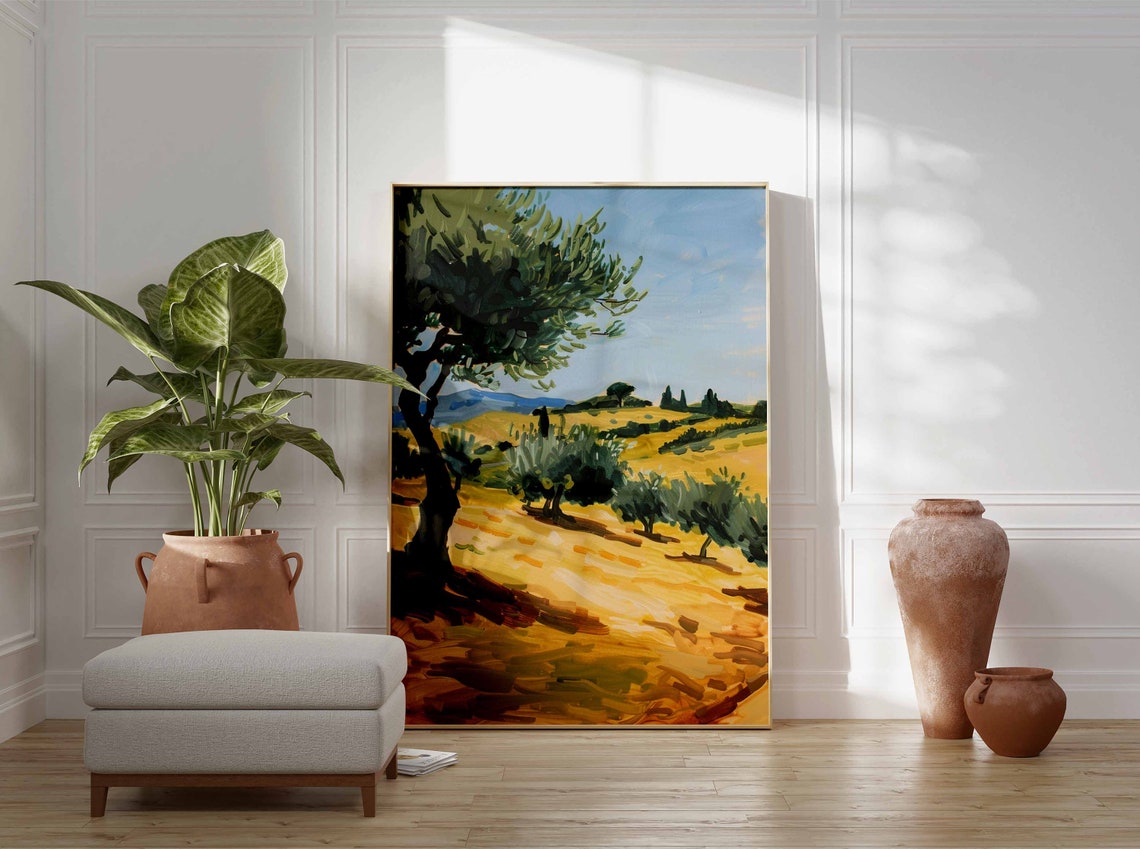 Golden Olive Grove on Sunlit Rolling Hills Under Blue Sky Poster - Image 3