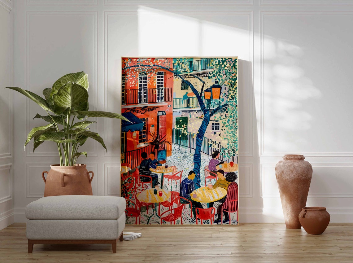 Vibrant Cafe Terrace Street Scene Bustling People Coffee Art Poster - Image 2
