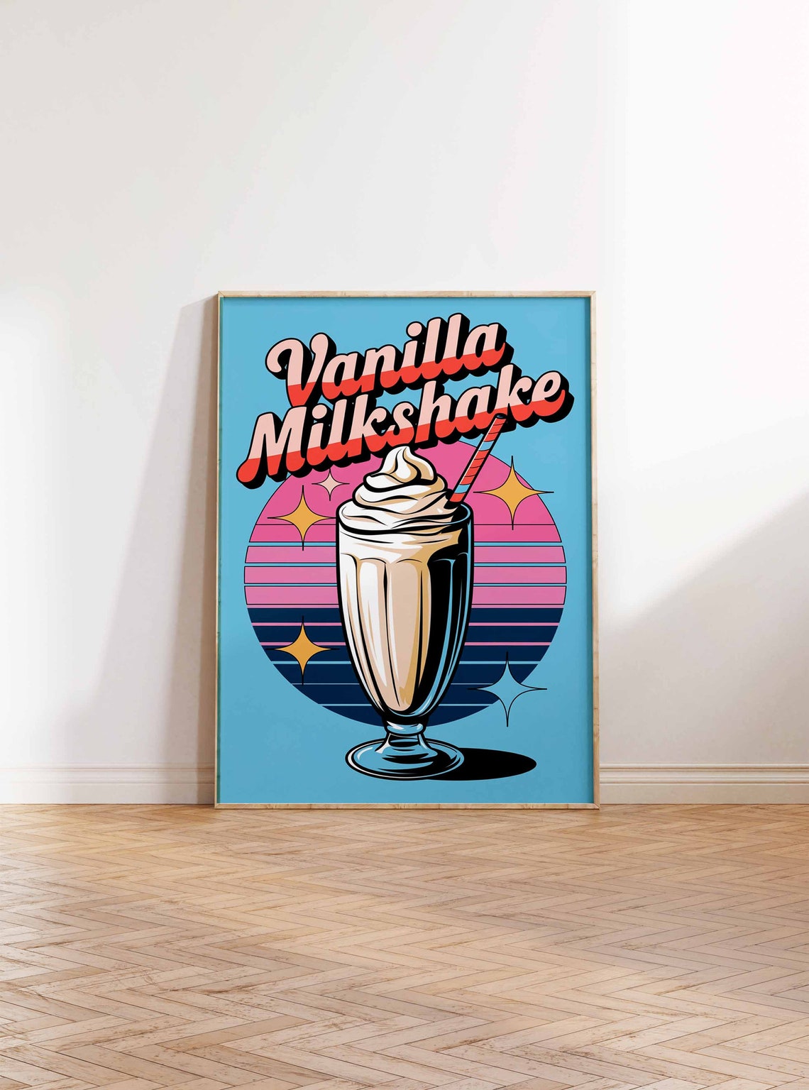 Vanilla Milkshake Retro Script Blue Sunset Diner Kitchen Poster - Image 2