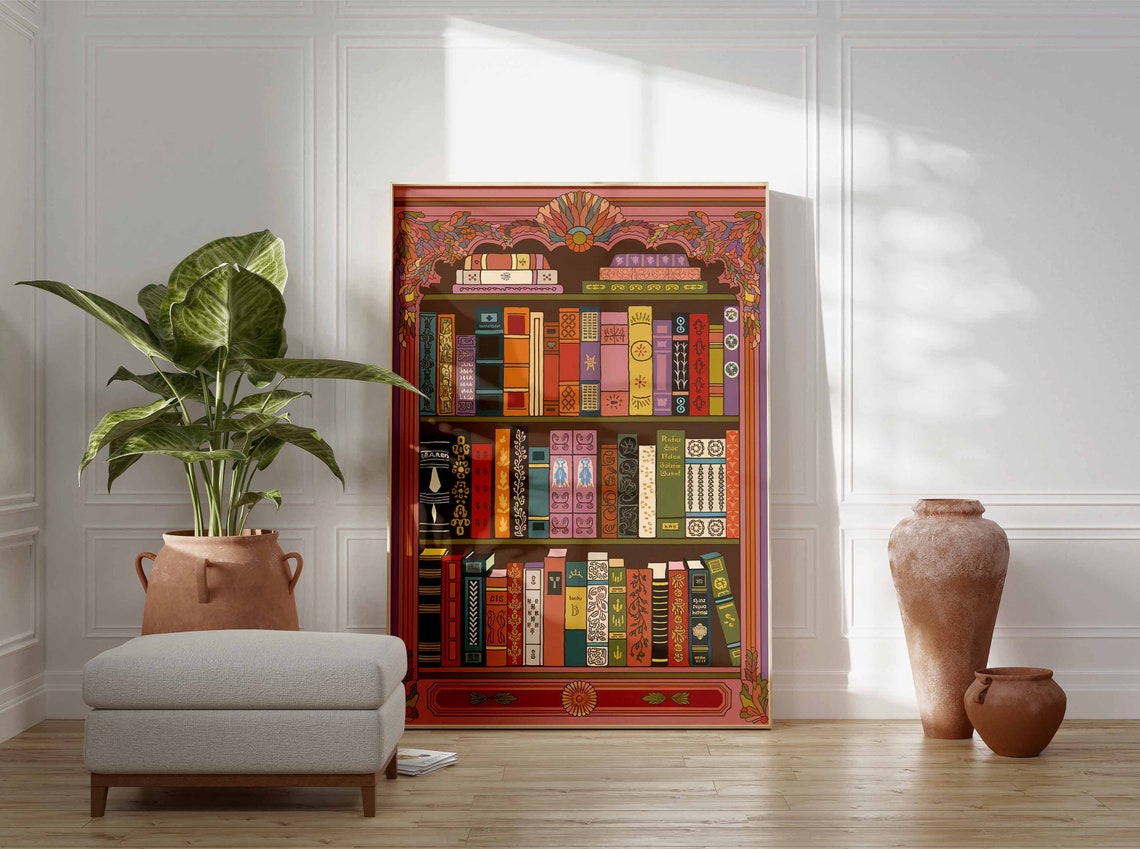 Colorful Antique Bookshelf Stacked Books Pink Frame Library Poster - Image 3