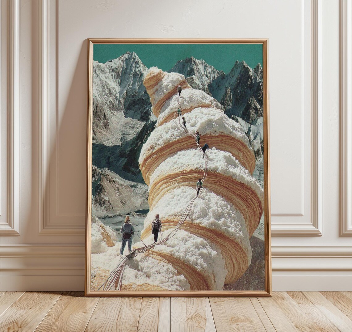 Surreal Croissant Mountain Climbers Whimsical Food Collage Poster