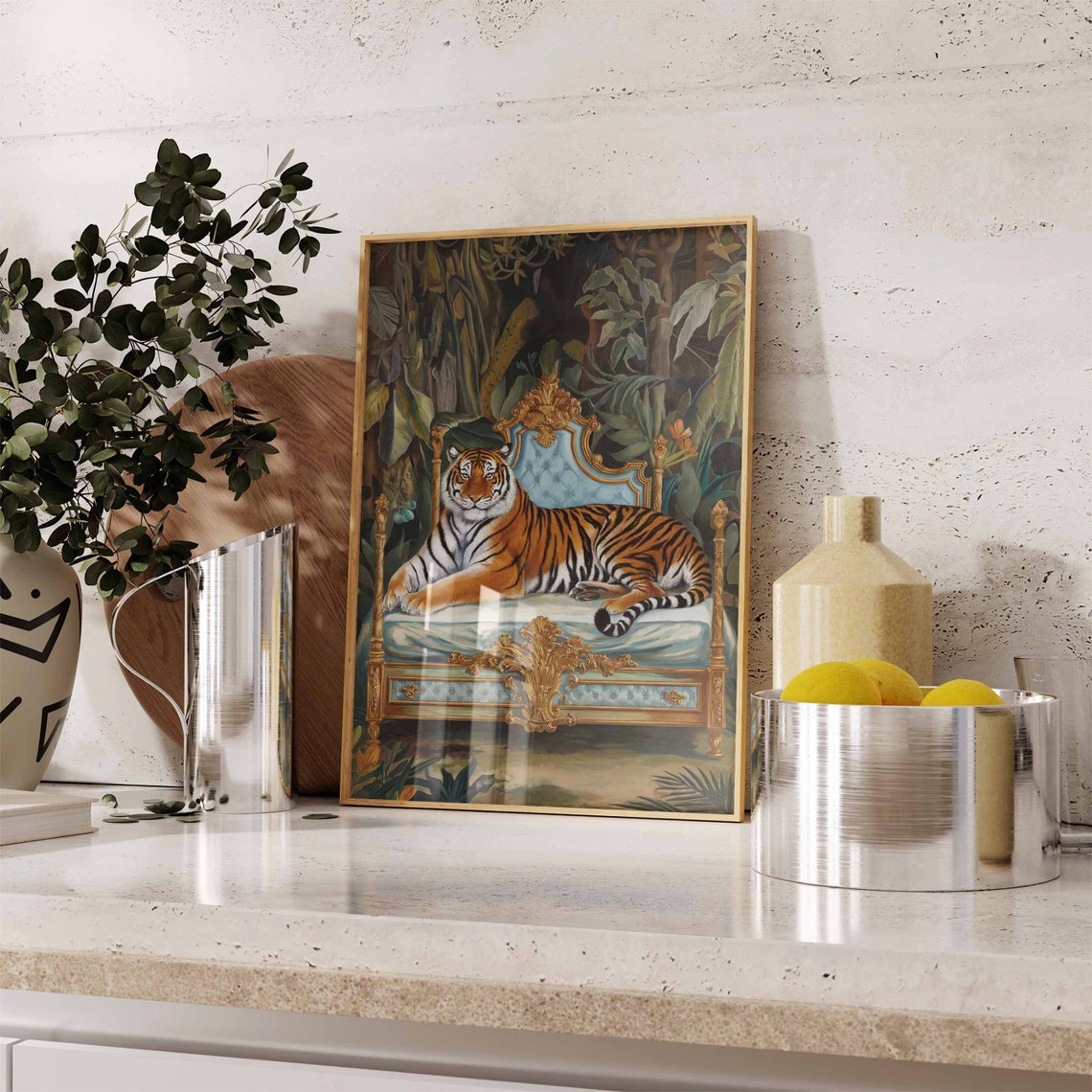 Regal Tiger Lounging on Ornate Gold Sofa in Jungle Art Poster - Image 2
