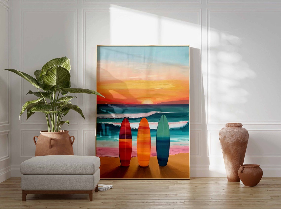 Three Surfboards Sunset Beach Ocean Waves Colorful Surf Poster - Image 3