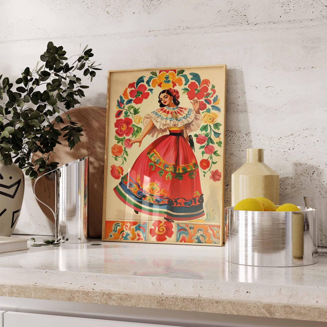 Vintage Mexican Folk Dancer In Floral Arch Traditional Art Poster - Image 2