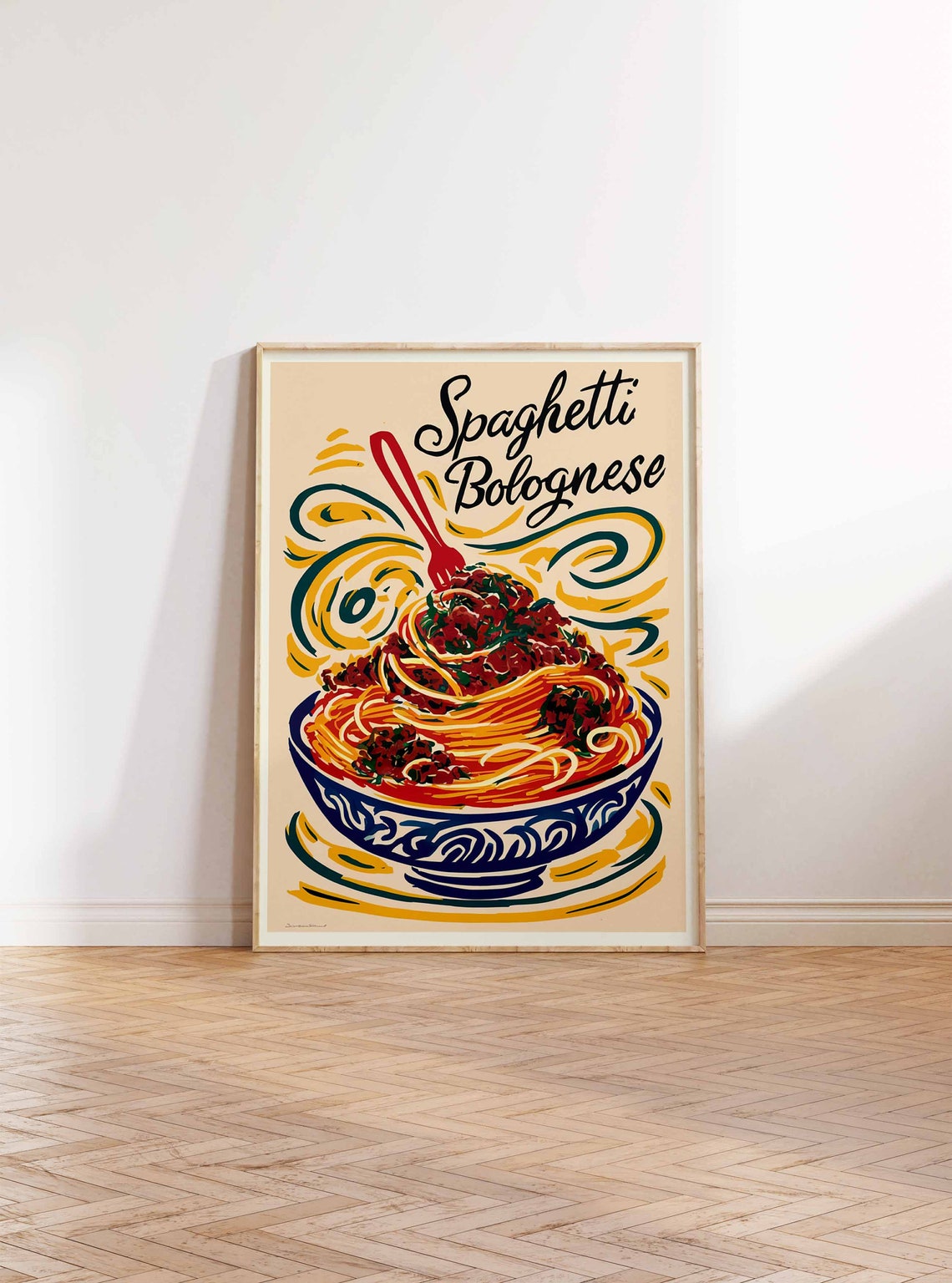 Spaghetti Bolognese Twirl Blue Bowl Script Lettering Food Poster - Image 2