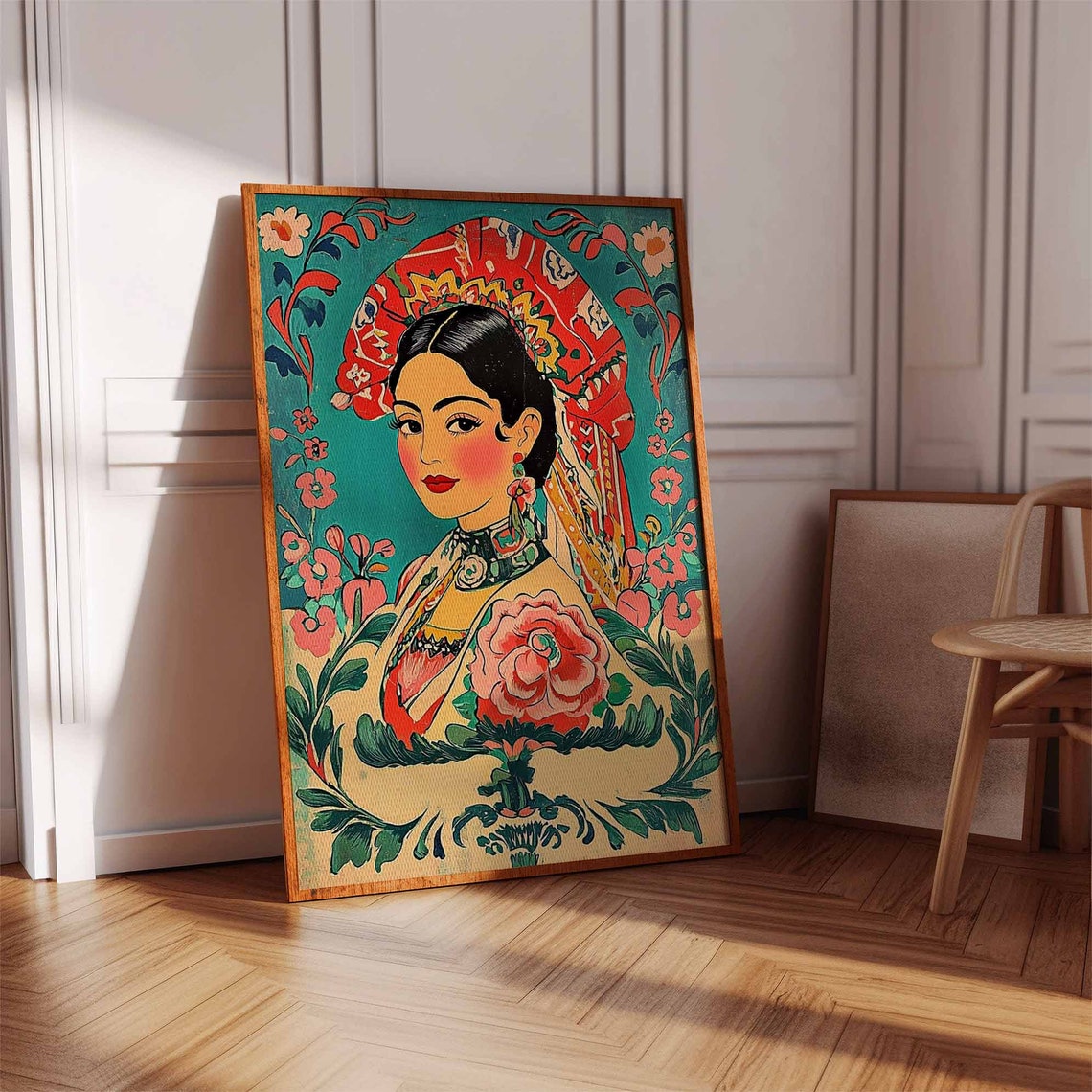 Gorgeous Elegant Latina Woman in Red Headscarf Rose Folk Art Poster - Image 3
