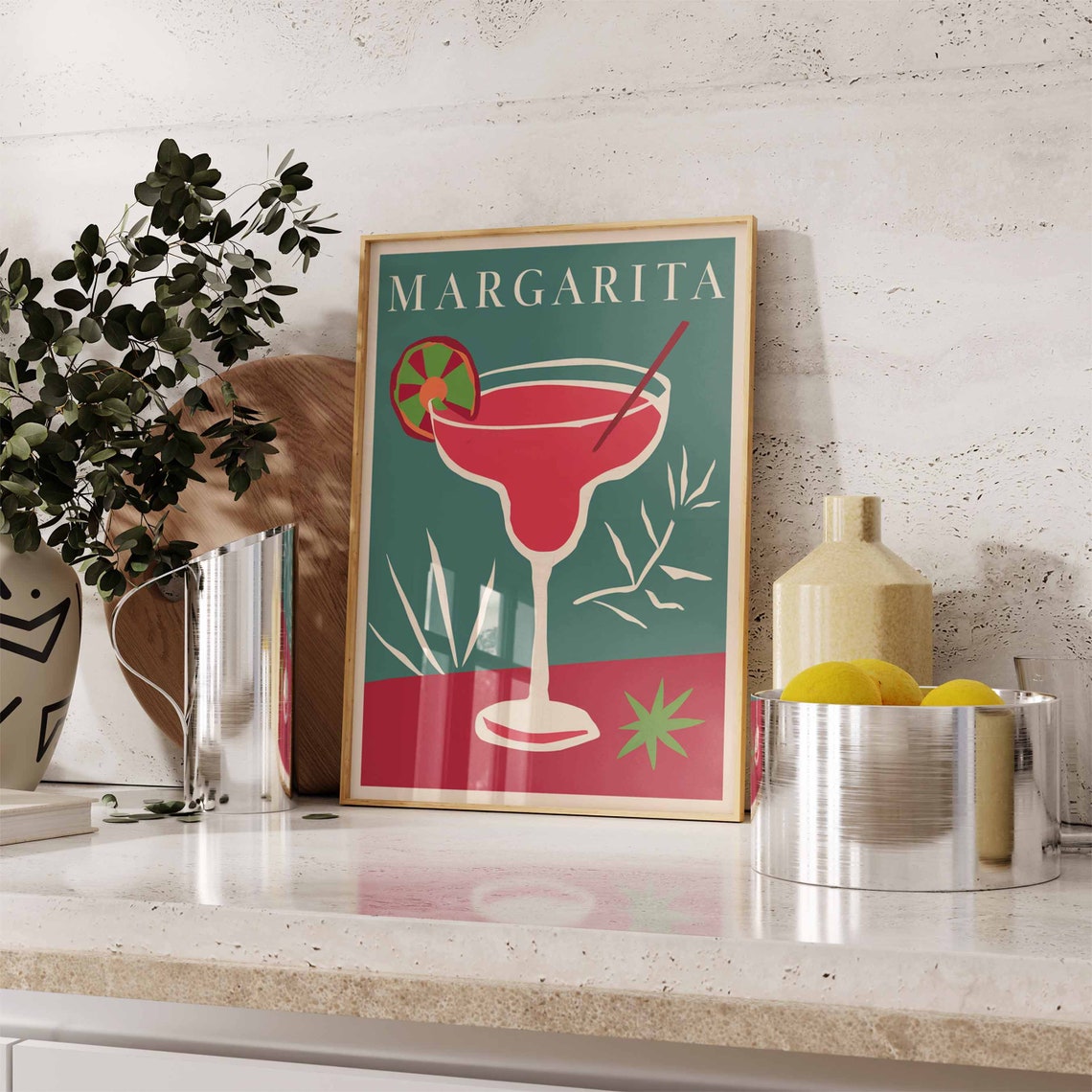 Margarita Red Cocktail Glass Citrus Retro Teal Bar Party Poster - Image 2