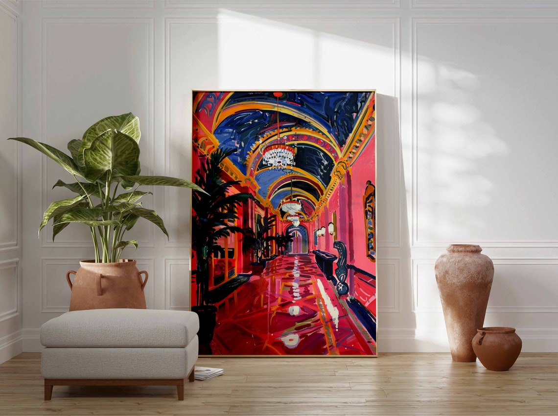 Grand Casino Ballroom Pink Gold Interior Chandelier Art Poster - Image 3