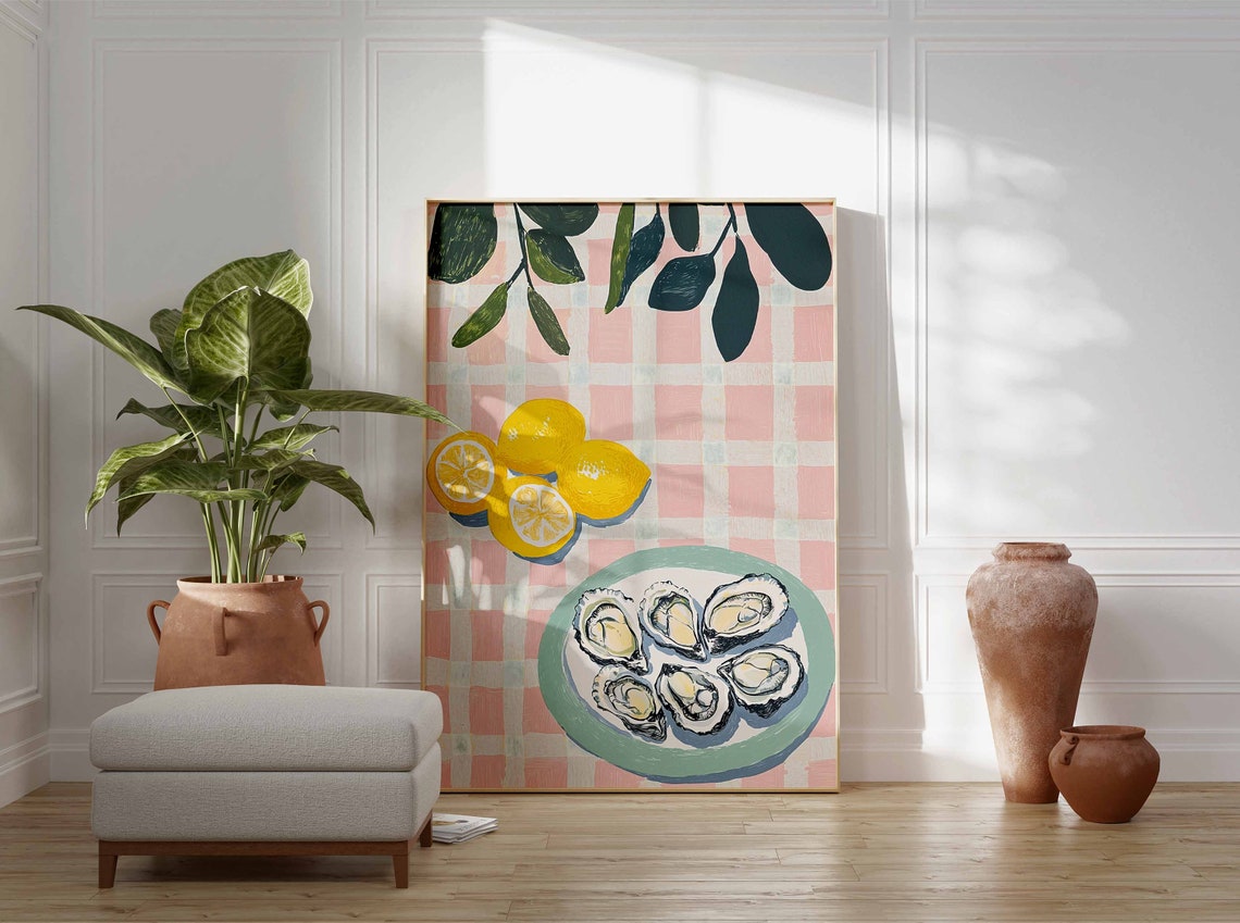 Six Oysters Teal Plate Lemon Leaves Pink Gingham Kitchen Wall Art - Image 3