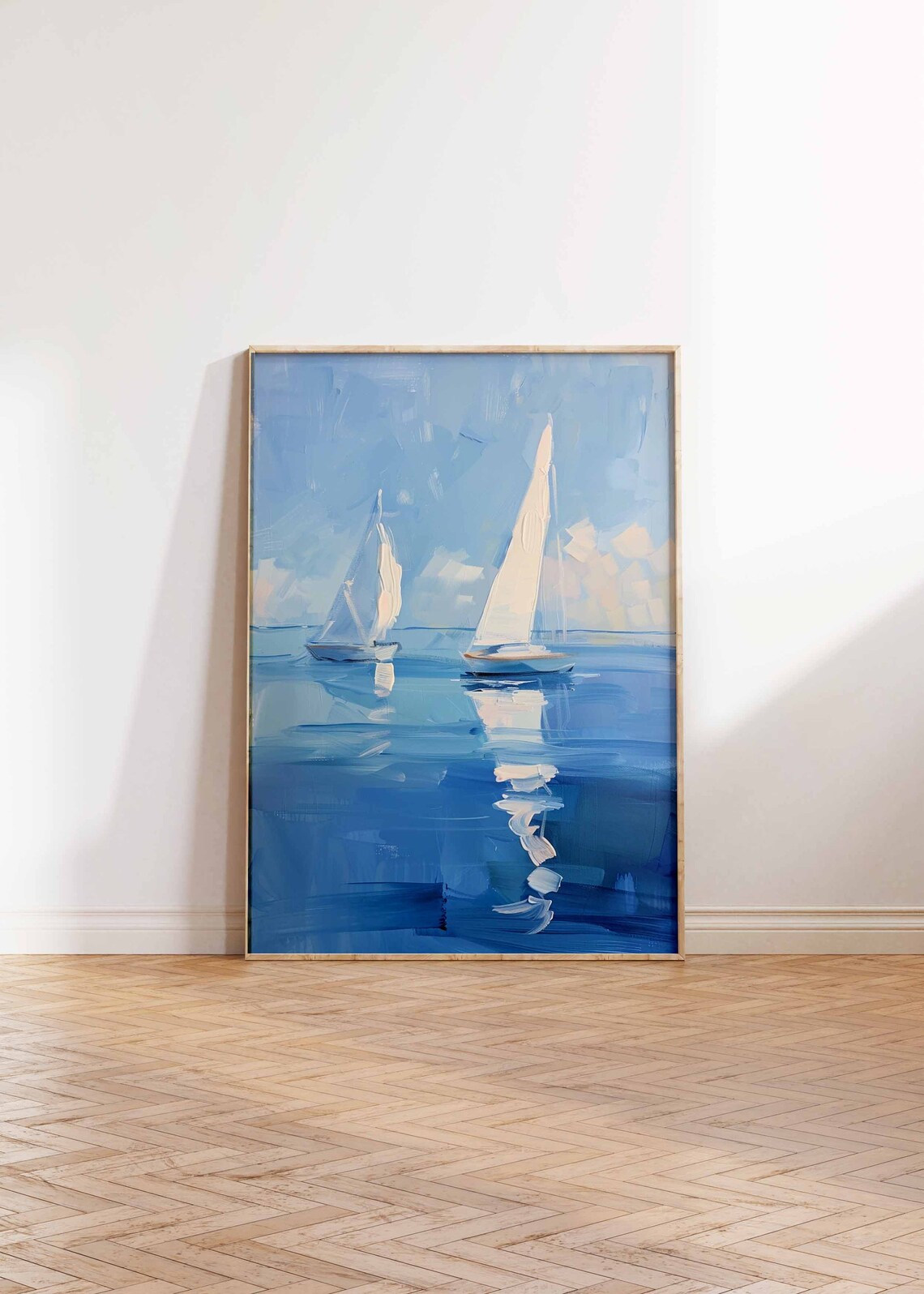 Pair of Sailboats with Water Reflections Calm Seascape Art Poster - Image 2