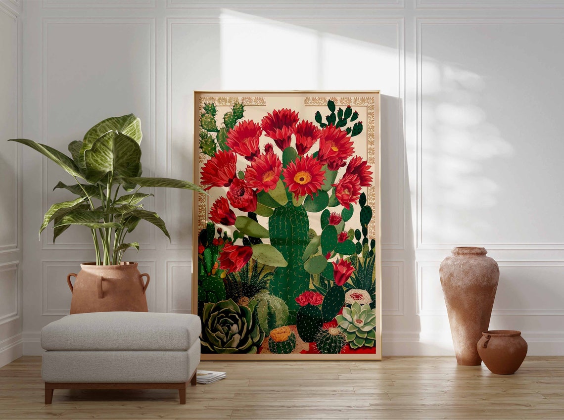 Tall Red Blossom Cactus Desert Botanical Cluster Scene Art Poster - Image 2