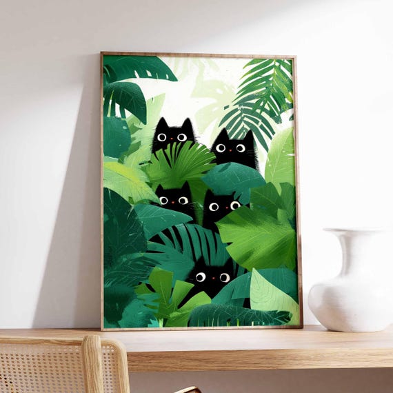 Black Cats Jungle Art Print, Botanical Poster
