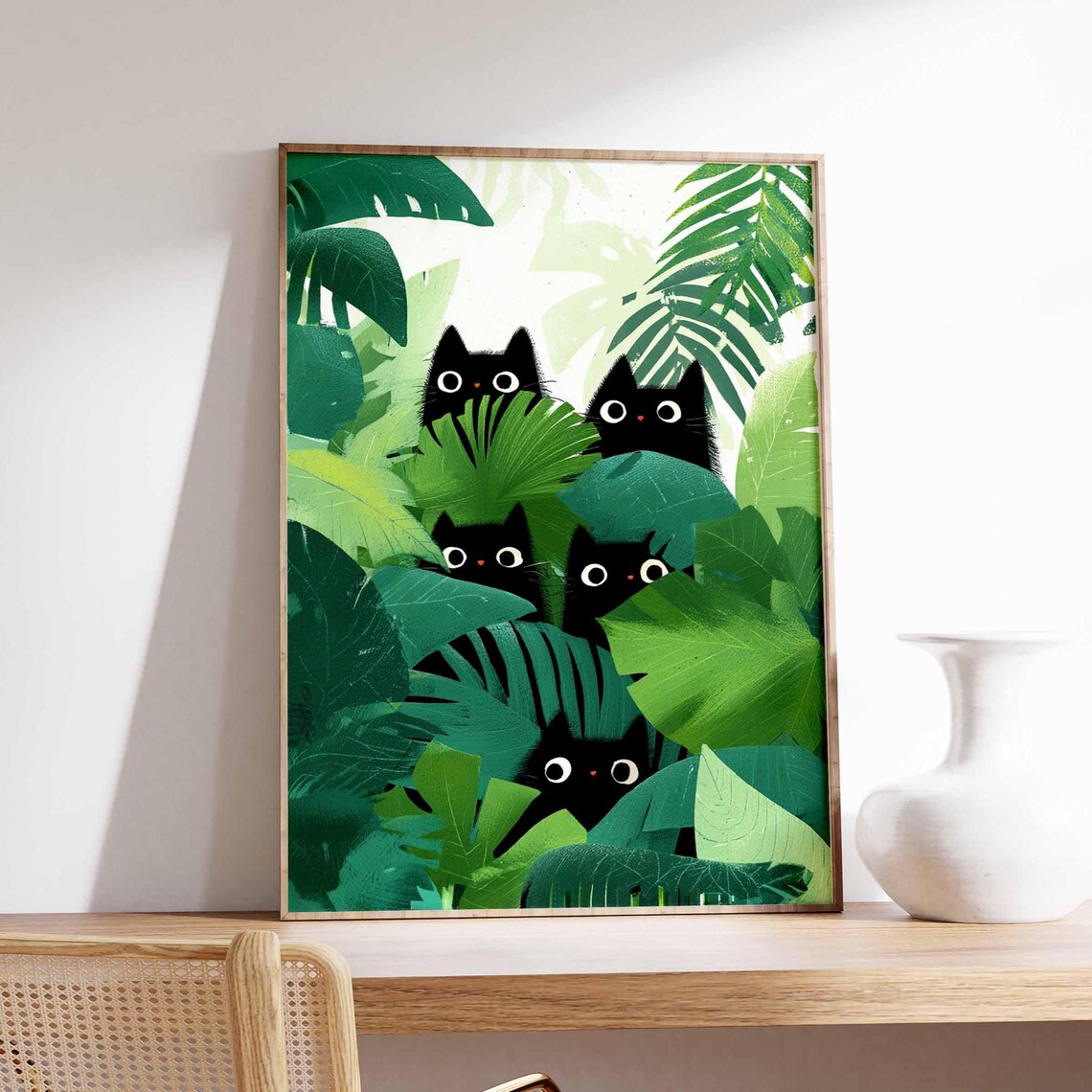 Black Cats Jungle Art Print, Botanical Poster