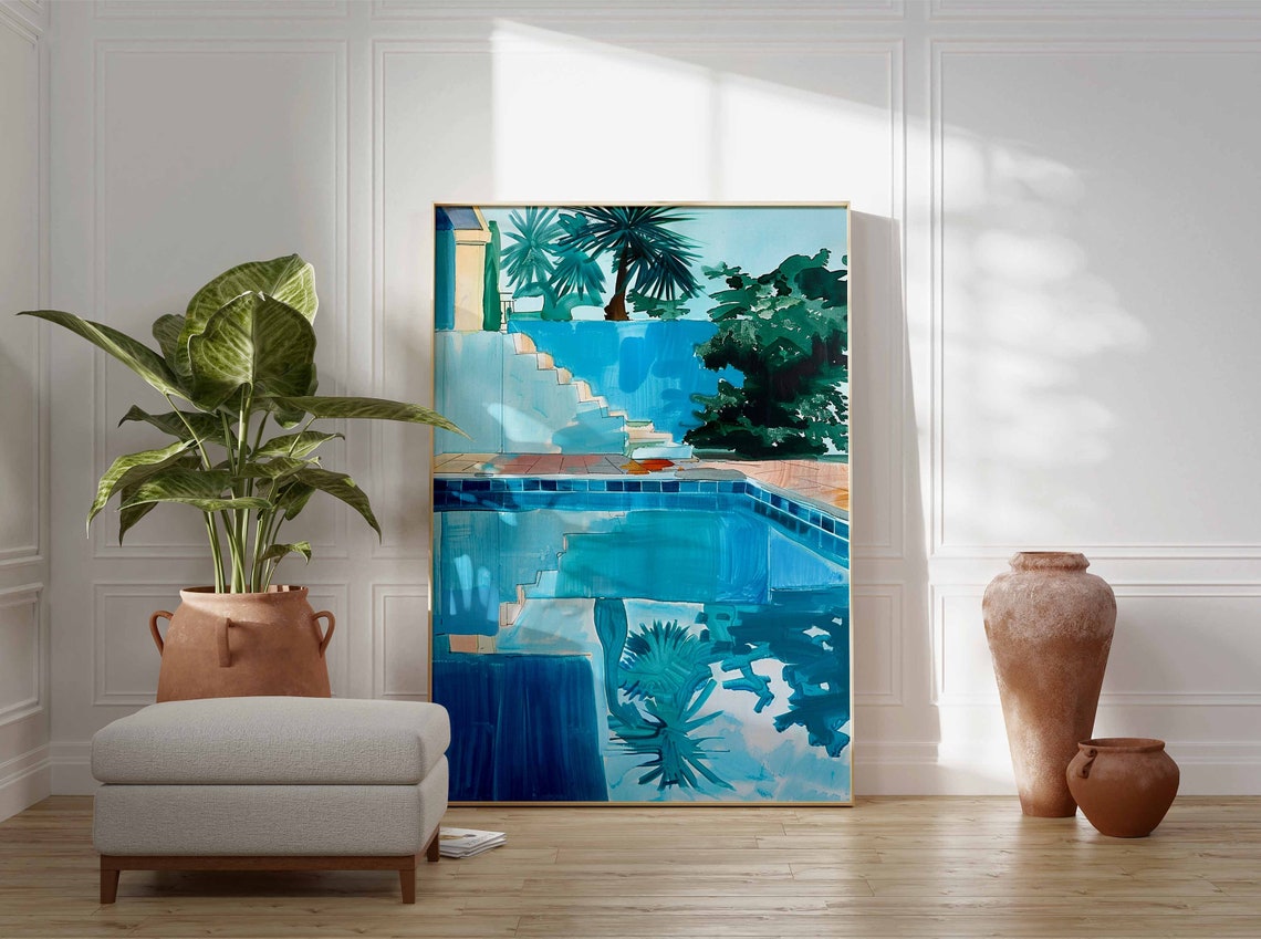 Swimming Pool Painting Turquoise Water Palm Trees Summer Poster - Image 2
