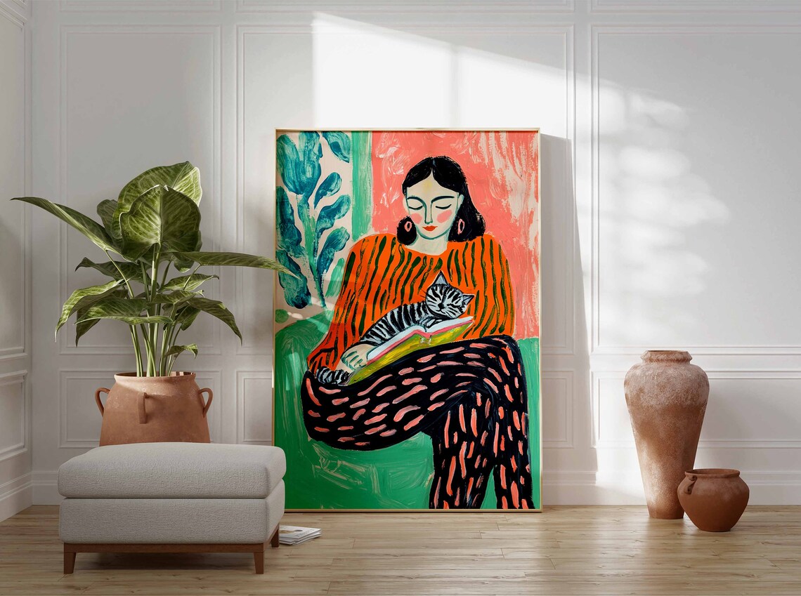 Woman Reading With Sleeping Kitten Colorful Botanical Art Poster - Image 2