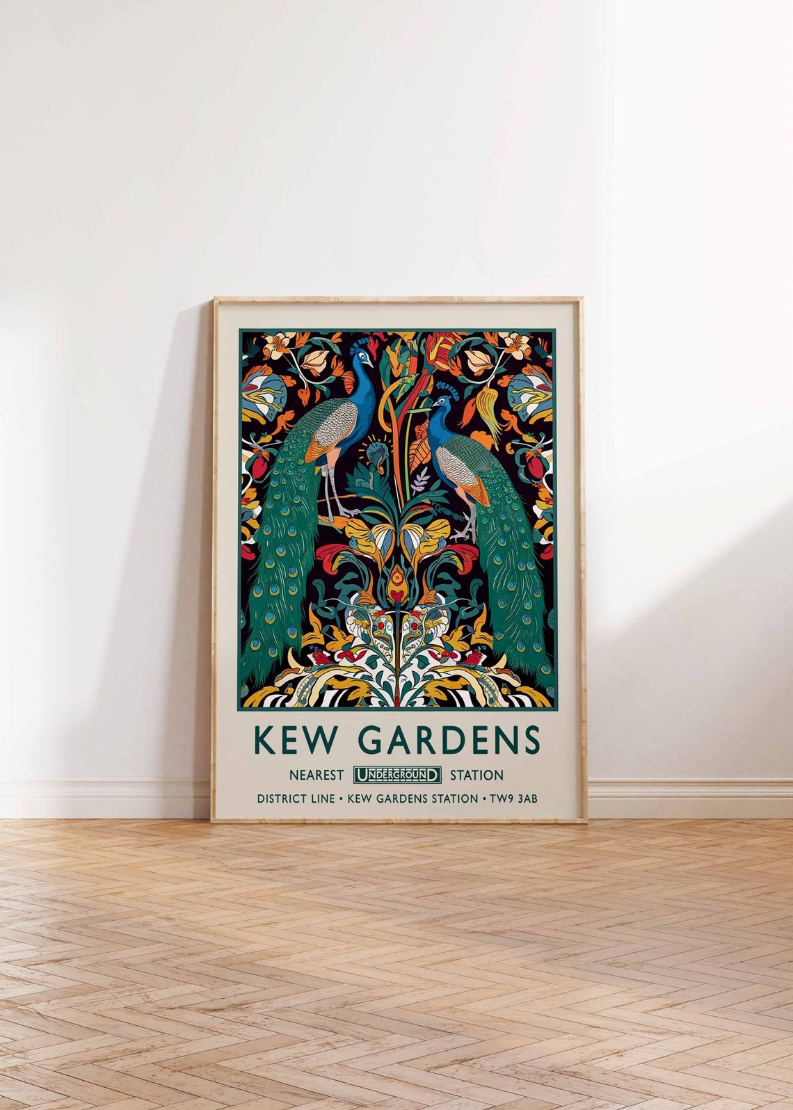 Kew Gardens Two Peacocks Colorful Floral Tapestry Travel Poster - Image 2