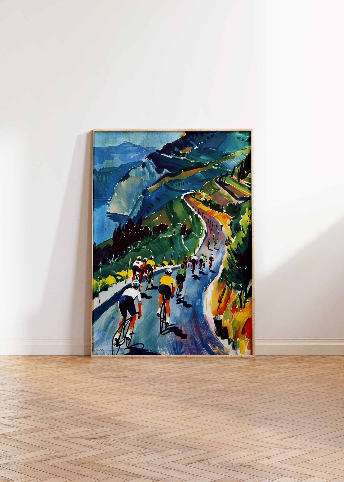 Cyclists Descending Mountain Road Toward Alpine Lake Colorful Poster - Image 2