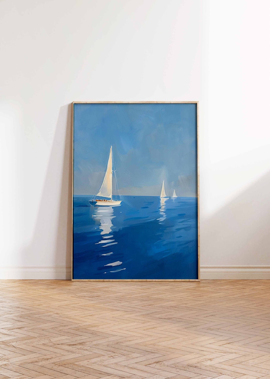 Three Sailboats on Calm Blue Water Soft Seascape Nautical Art Poster - Image 2