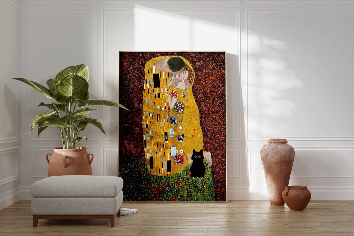 Gustav Klimt Cat Print, The Kiss-Inspired Art Print - Image 3
