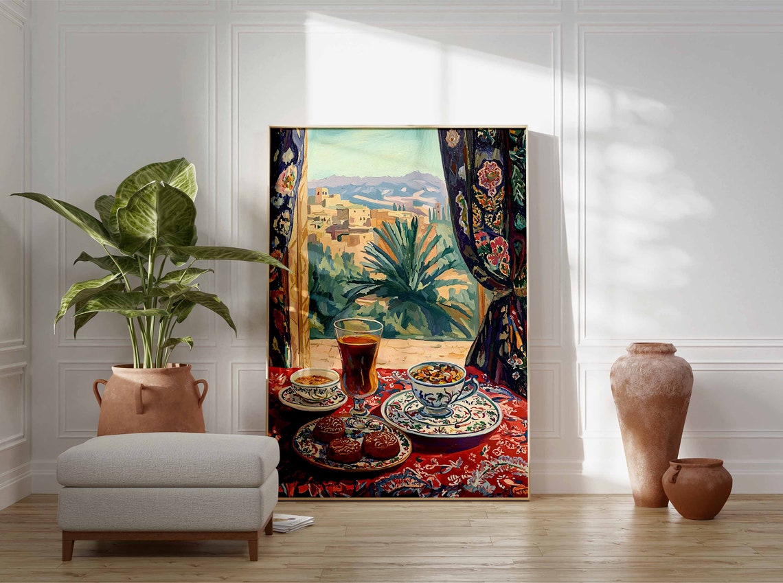 Tall Tea Glass Round Pastries Palm Town View Red Tablecloth Poster - Image 3