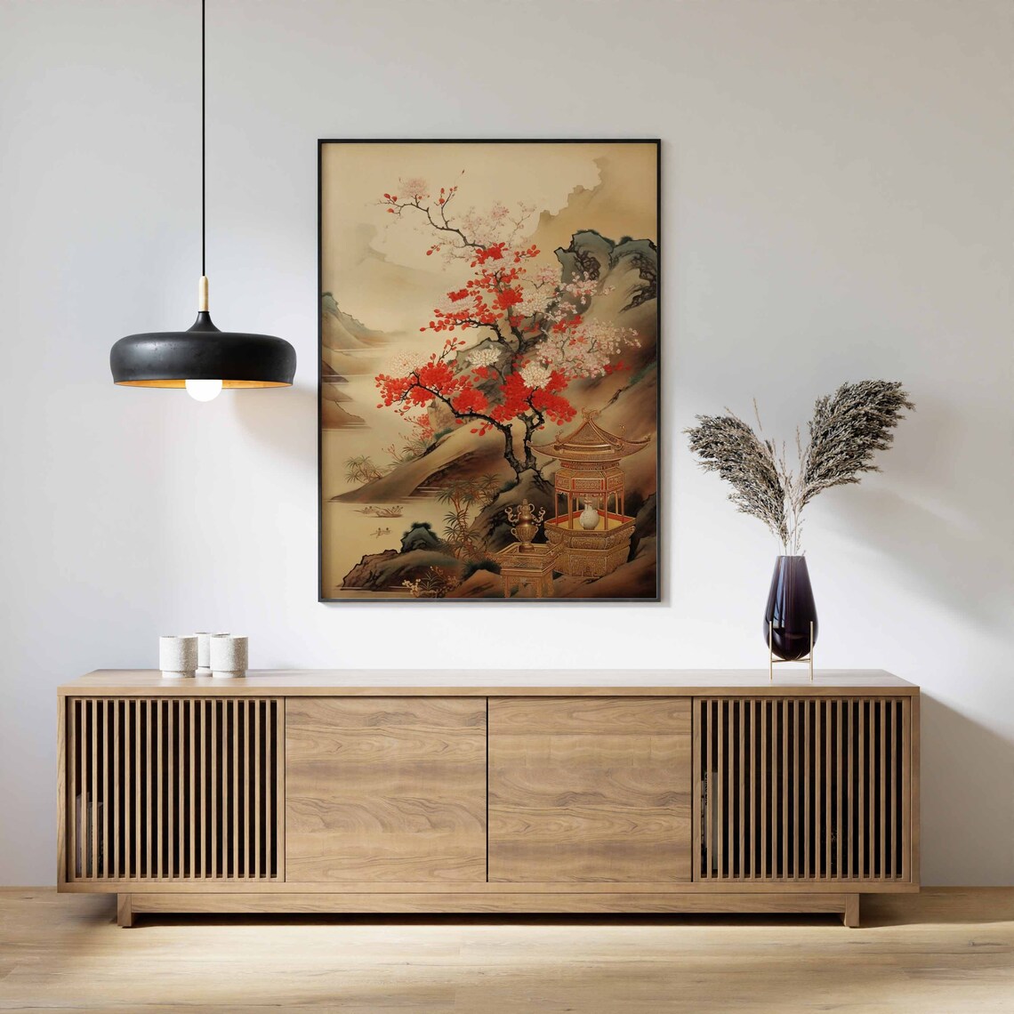 Chinese Vintage Pagoda Art Red Blossom Mountains Asian Wall Art - Image 3