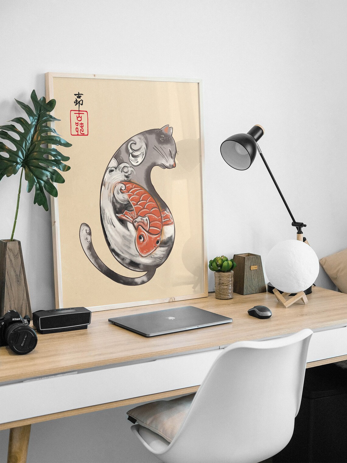 Japanese Ink Wash Cat With Red Koi Fish Traditional Art Poster - Image 3